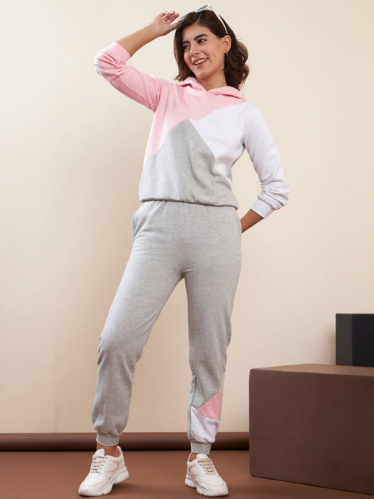 Women's Pink & Grey Color Blocked Tracksuit Set