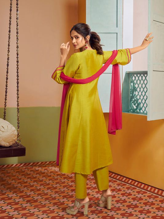 Yellow Embroiderd Anarkali Flared Kurta with Palazzos Dupatta.