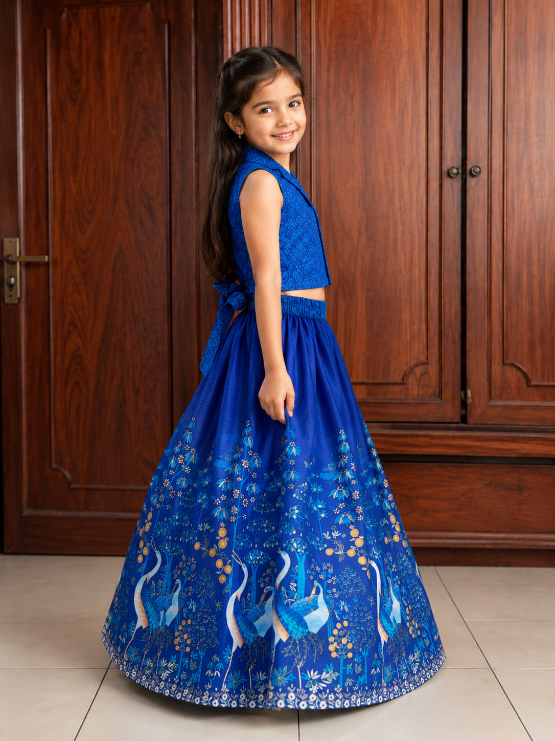 Girls Navy Blue Digital Printed Ready to wear Lehenga with Choli