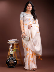 Elegant White & Light Green Leaf Print Cotton Saree for Women with Zari Border & Tassels – Soft & Lightweight Daily Wear Saree