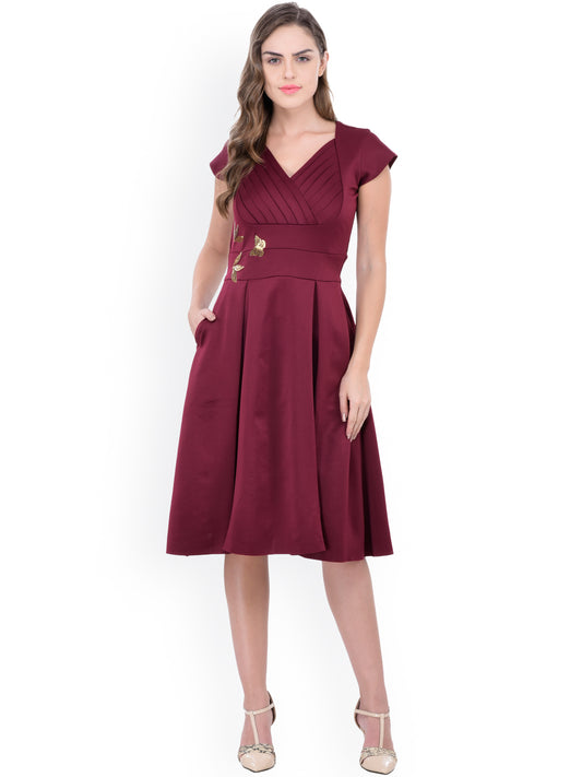 Women Burgundy Fit & Flare Dress
