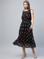Women's Black Floral Tie up Dress with Tassels