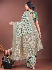 Elegant Pink & Cream Linen Saree with Geometric Design and Zari Border – Festive & Party Wear