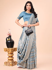 Graceful Pink Lichi Silk Saree with Contrast Blue Woven Border & Floral Zari Design – Wedding & Festive Wear