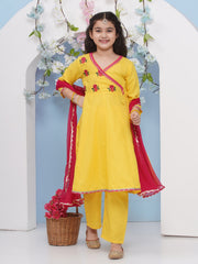 Girls Yellow Embroidered Angrakha Kurta with Trousers with dupatta