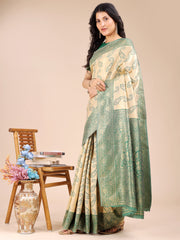 Graceful Cream and Navy Blue Silk Saree – Traditional Elegance with Royal Charm