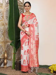 Premium Woven Linen Cotton Saree with Traditional Zari Border – Elegant Festive Look Perfect for Durga Puja, Navratri & Bengali Celebrations