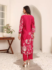 Women Fuchsia Pink Floral Printed Gota Detail  Flared Sleeve Kurta With Solid Trouser And Dupatta