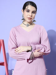 Kalini Women Mauve Straight Kurta With Pom Pom Hem Paired With Tonal Bottom