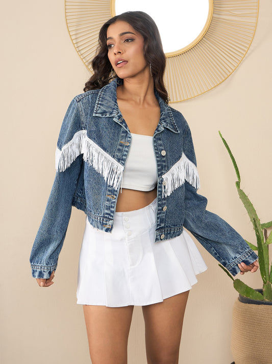 Women's Denim Crop Jacket with Front Fringes