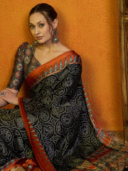 Women's Satin Printed Designer Saree With Blouse Piece