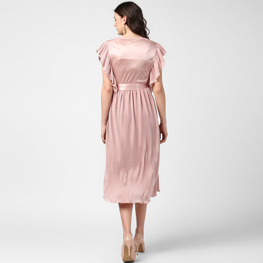 Women's Champagne Gold Satin Pleating Evening Midi Dress