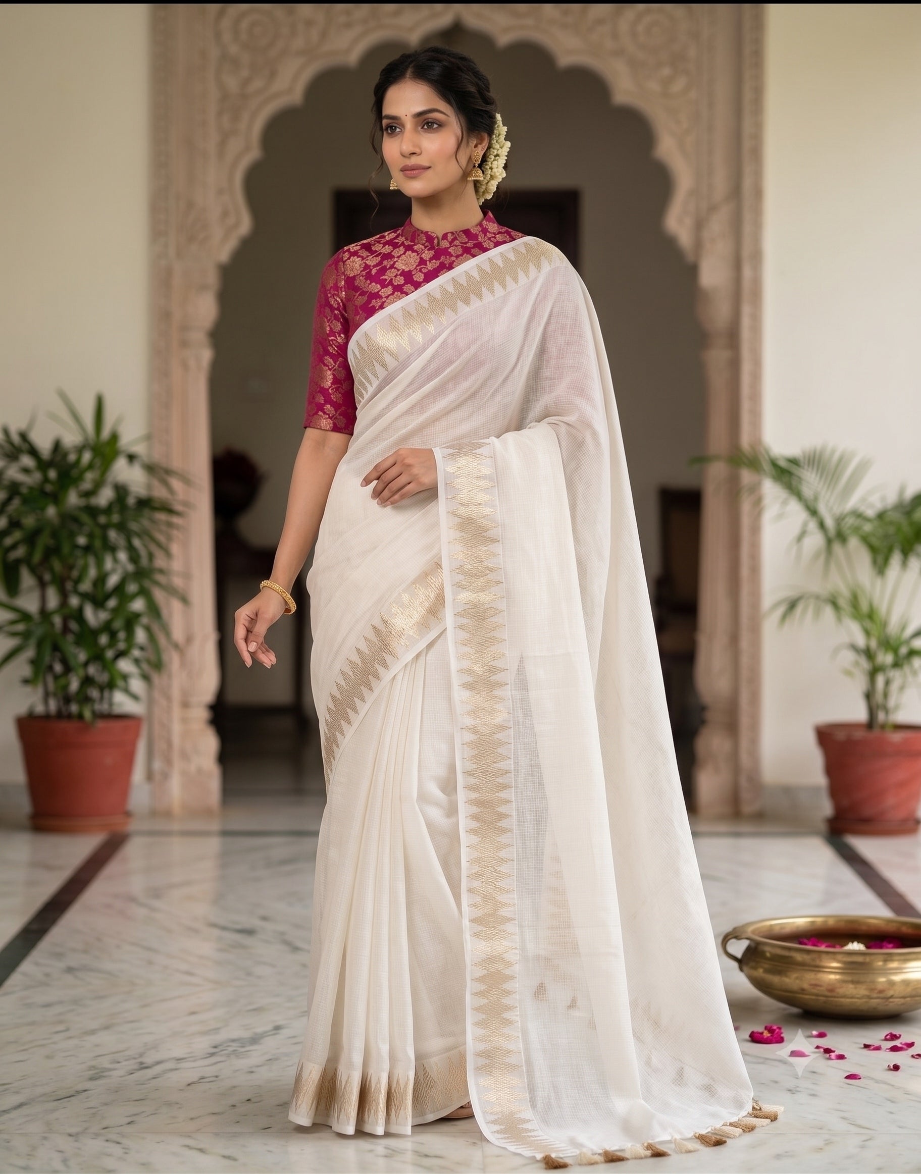soft kota saree with zari woven zig zag border.cotton tassels on pallu.contrast zari woven banarasi silk blouse