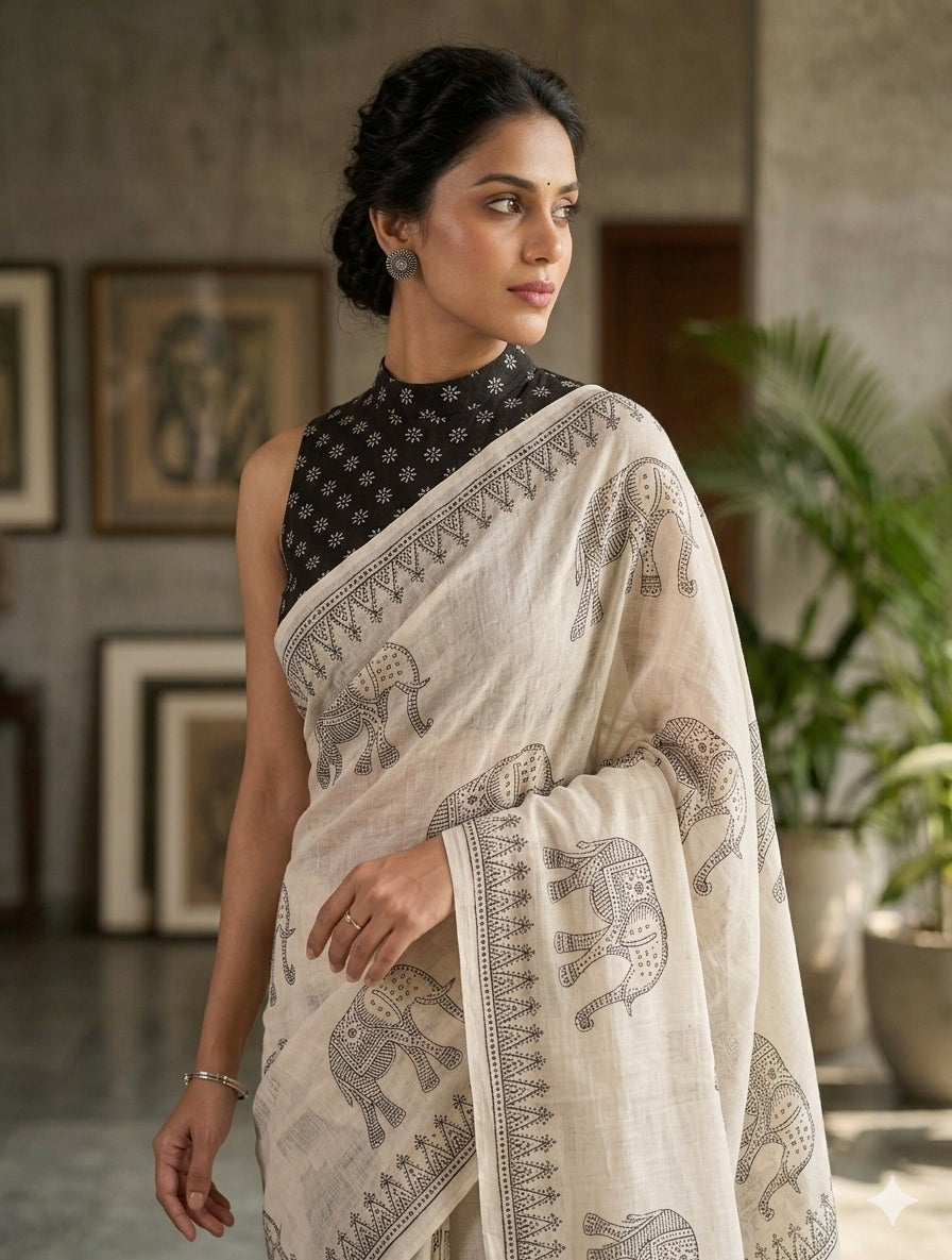 Soft linen saree with shaded style prints.