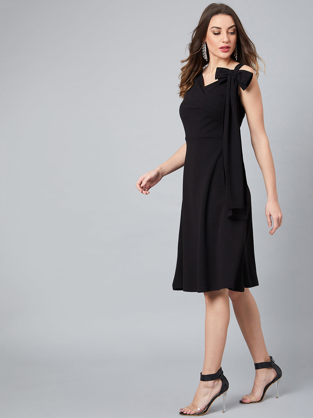 Black Front Pleated Fit and Flare Dress