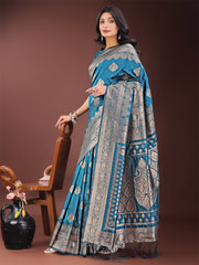 Graceful Royal Blue Banarasi Silk Saree with Silver Zari – Perfect Ethnic Wear for Weddings & Festive Moments
