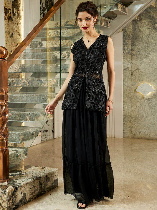 Women Emboridered Sequined Waistscoat & Skirt Co-Ord Set