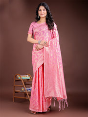 Elegant Peach Pink Linen Cotton Saree for Women – Soft Lightweight Saree with Subtle Self-Weave & Tassel Pallu