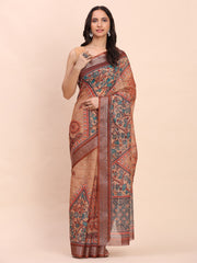 Rust Cotton Cotton Saree with Tribal Floral Print | Bold Ethnic Design | Lightweight Casual & Festive Saree for Women