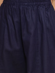 Solid Sleeveless Above Knee Length Cotton Kurta With Palazzo - Navy Blue