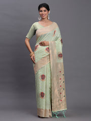 Elegant Linen Cotton Saree with Woven Pallu, Big Butta Work & Tassels - Office & Festive Wear