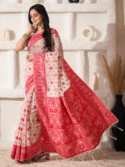 Elegant Woven Linen Cotton Saree for Durga Puja & Diwali | Ethnic Motif Design with Rich Zari Border | Soft, Breathable, Festive-Ready Traditional Drape