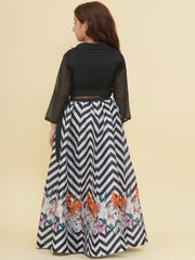 Girls Indo-Western Black & White Zig Zag Flower Digital Printed Top & Ready to wear Lehenga