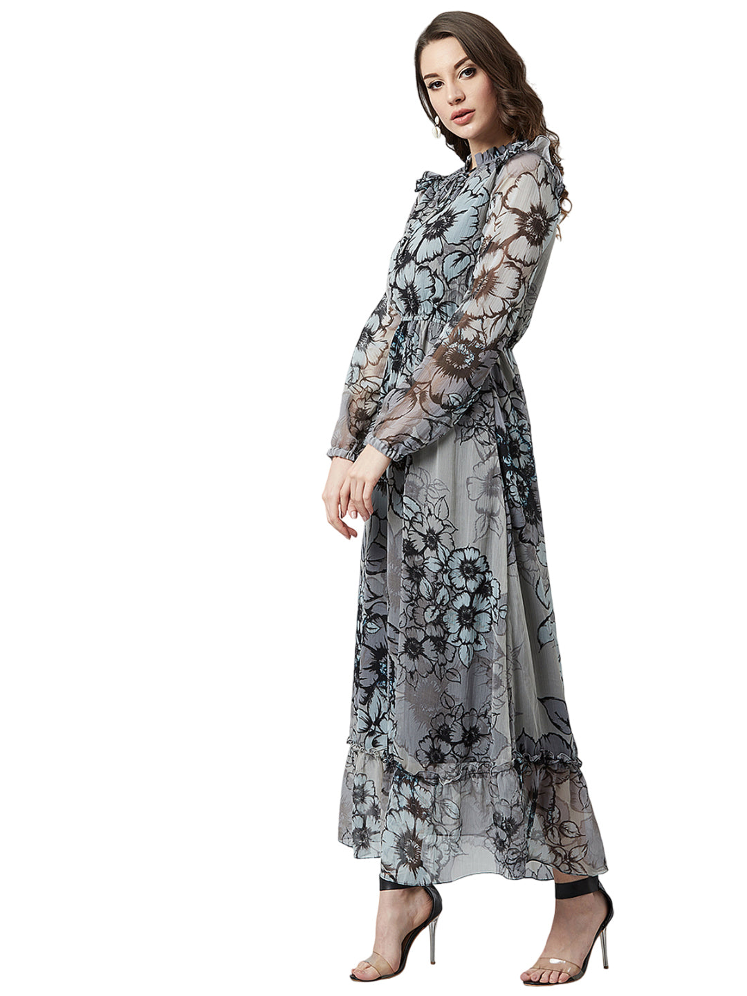 Grey & Black Floral Printed Maxi Dress