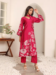 Women Fuchsia Pink Floral Printed Gota Detail  Flared Sleeve Kurta With Solid Trouser And Dupatta