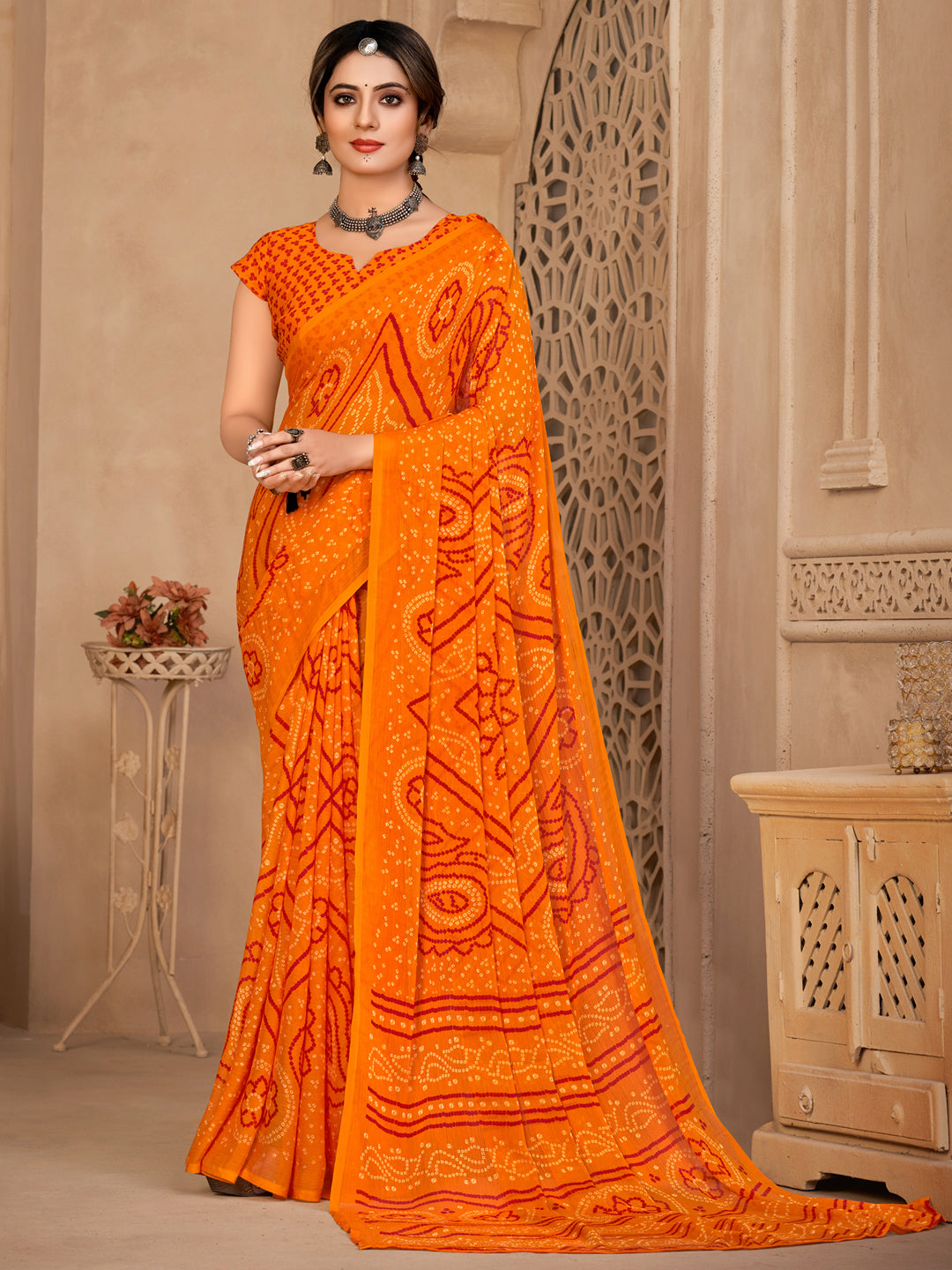 Women's Chiffon Orange Printed DesignerSaree With Blouse Piece