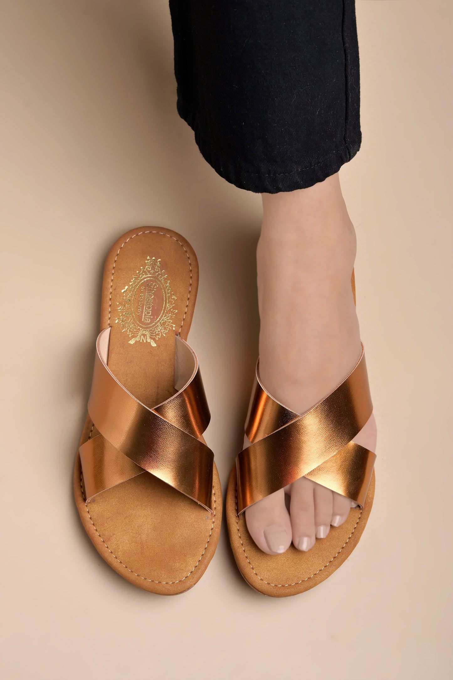 Shoetopia - Embellished Cross Strap Copper Flats For Women