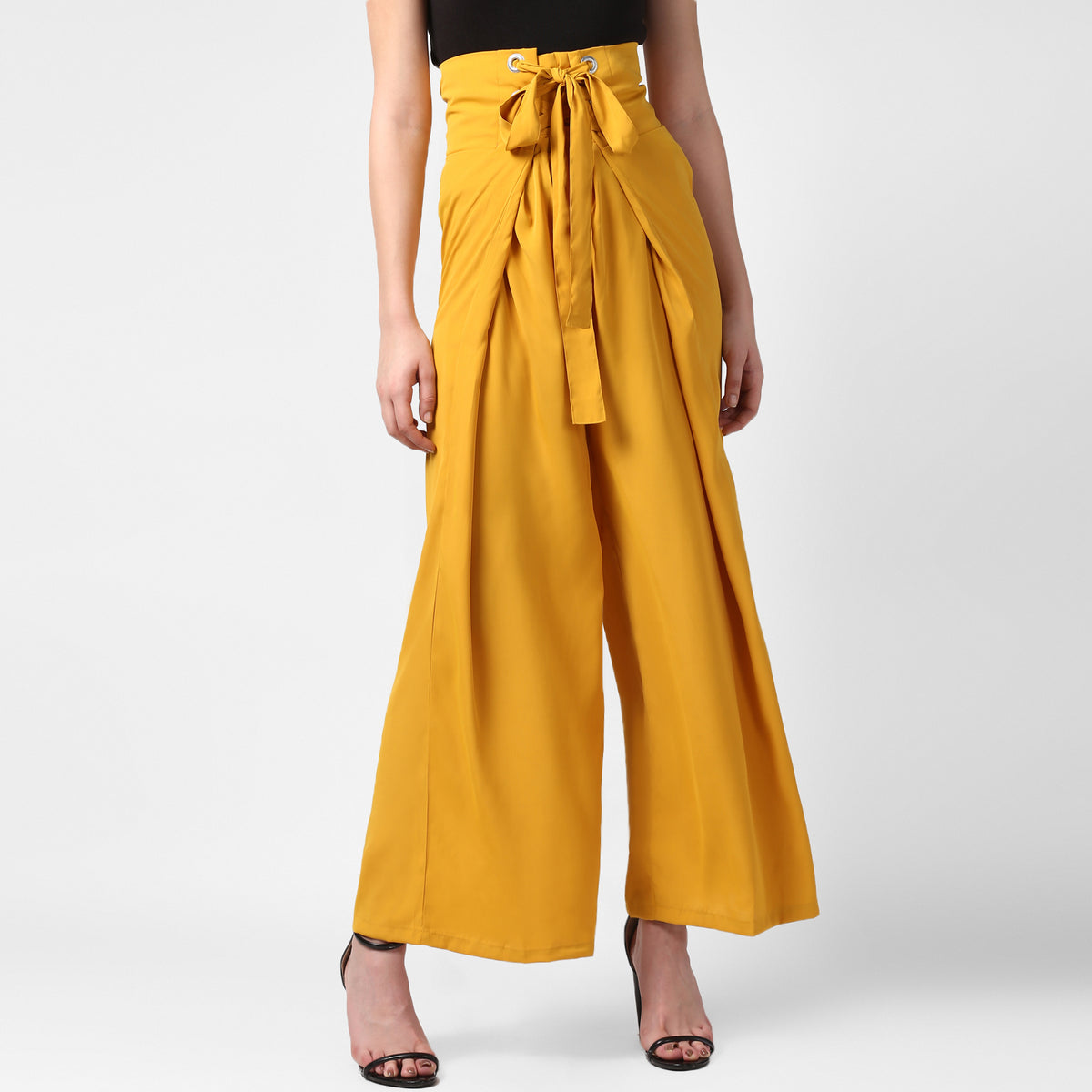 Women's Yellow Polyester High Waisted Palazzo with front Rivets and Back Elastic