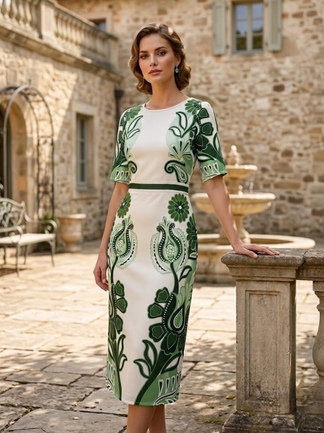 Green & Beige Linen Midi Dress-ADR-19767