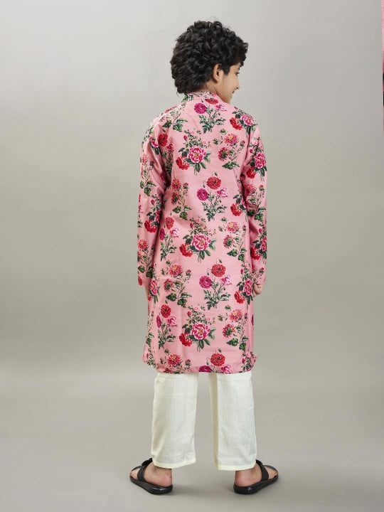 Boys Peach floral printed kurta with a off white pajama