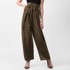 Women's Yellow Polyester High Waisted Palazzo with front Rivets and Back Elastic