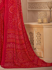 Women's Chiffon Red Printed DesignerSaree With Blouse Piece