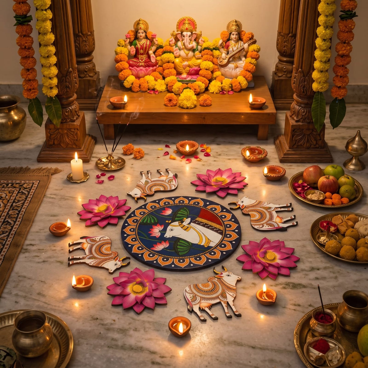 MDF Rangoli Set | Kamdhenu Cow & Lotus Pichwai Design | 9 Pcs