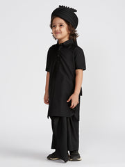 Boys' B Black Viscose Kurta Lungi And Safa set
