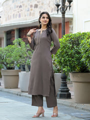 Women Taupe Crepe Round Neck Kurta With Bottom