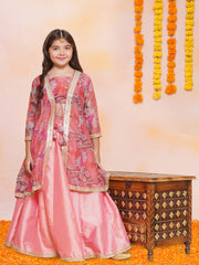 Girls Peach Floral Printed Shrug & Blouse With Ready to Wear Lehenga.