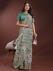 Stunning Beige & Red Linen Saree with Floral Print and Rich Zari Pallu – Festive & Traditional Wear