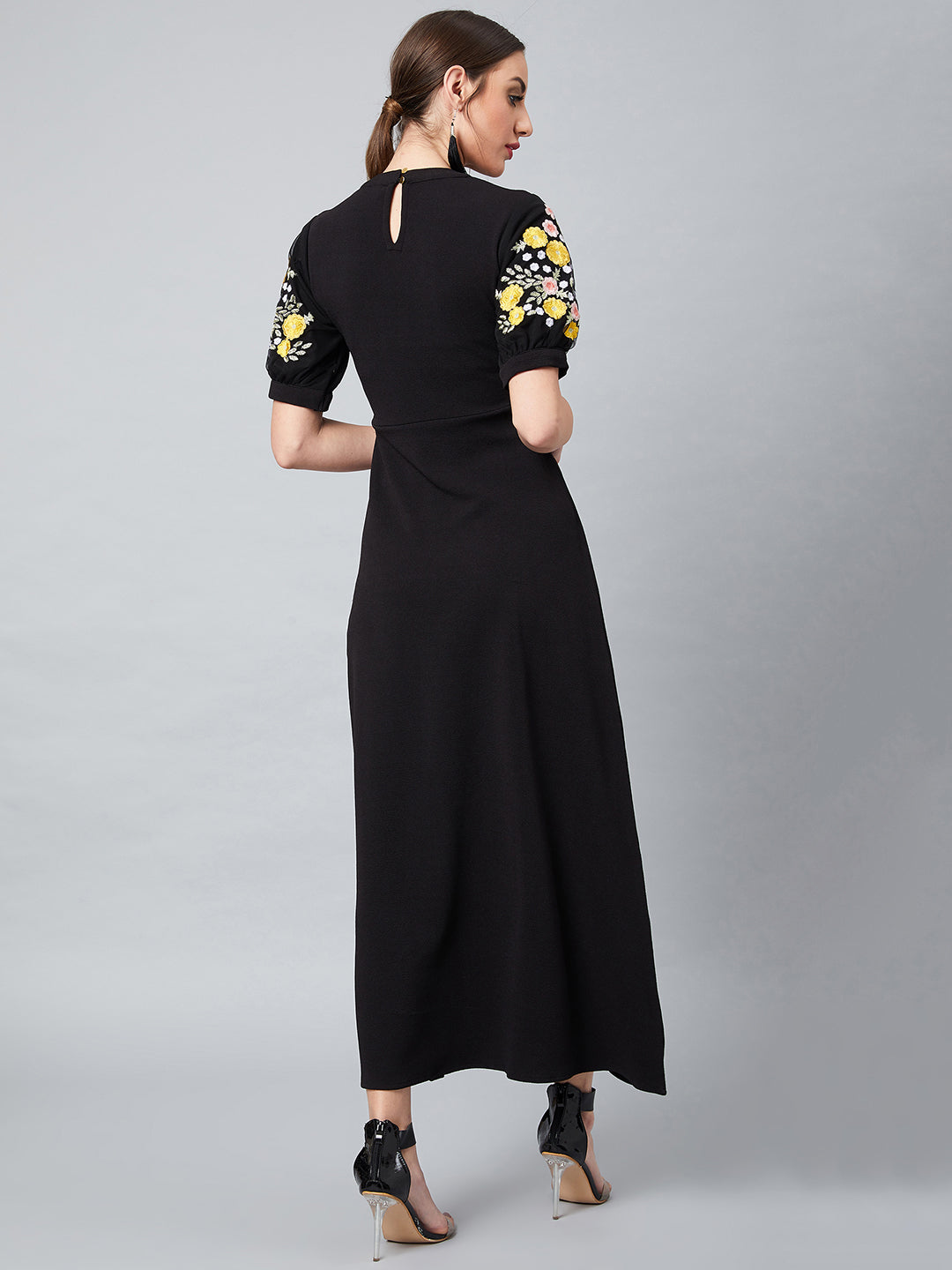 Black Embroidered Fit and Flare Dress