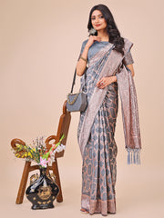 Elegant Sea Green Linen Cotton Saree with Silver Zari Border & Geometric Weave – Daily, Office & Festive Wear