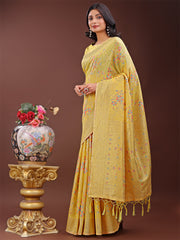 Elegant Orange Linen Cotton Saree with Floral Weave & Soft Gold Pallu – Graceful Choice for Casual, Office & Festive Looks