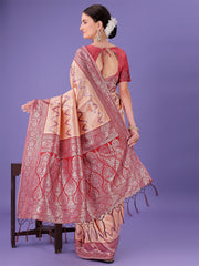 Cream & Green Lichi Silk Saree with Rich Woven Border and Zigzag Pattern – Wedding & Festive Wear
