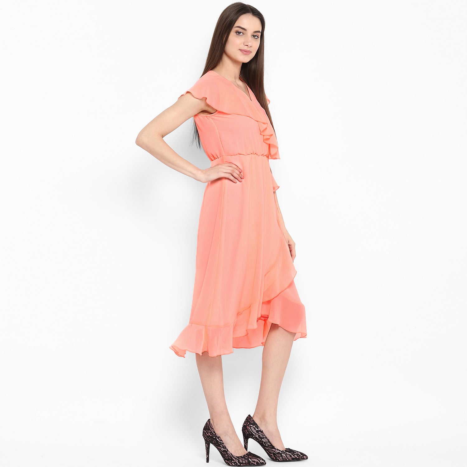 StyleStone Women's Neon Pink Cascade Ruffled Dress