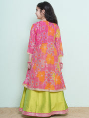 Girls Pink & Green Floral Printededed Ready to Wear Lehenga & Blouse with Shrug