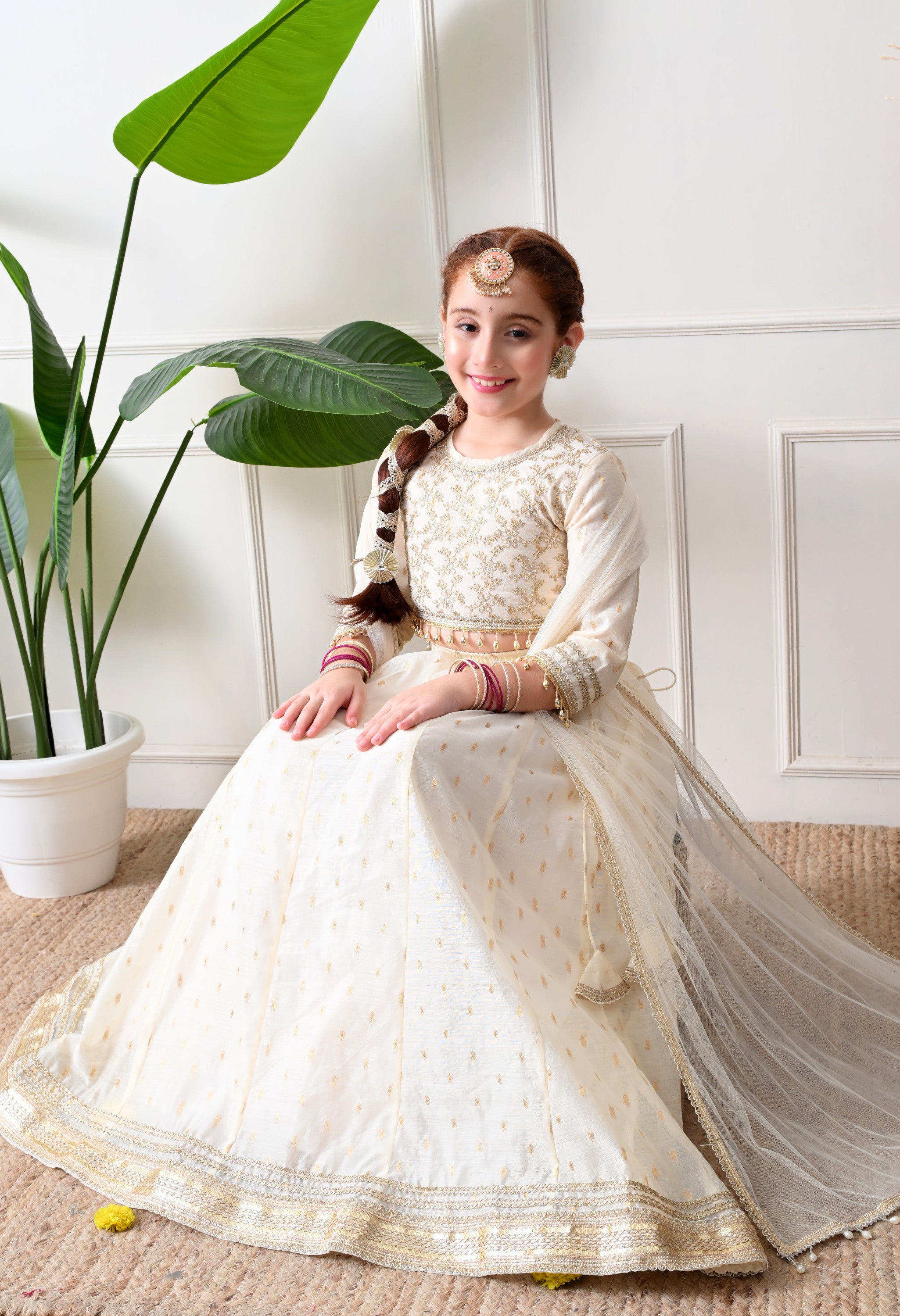 Girls Off White Embroidered Lehenga Choli Set with Net Dupatta