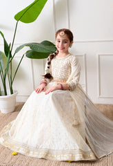 Girls Off White Embroidered Lehenga Choli Set with Net Dupatta