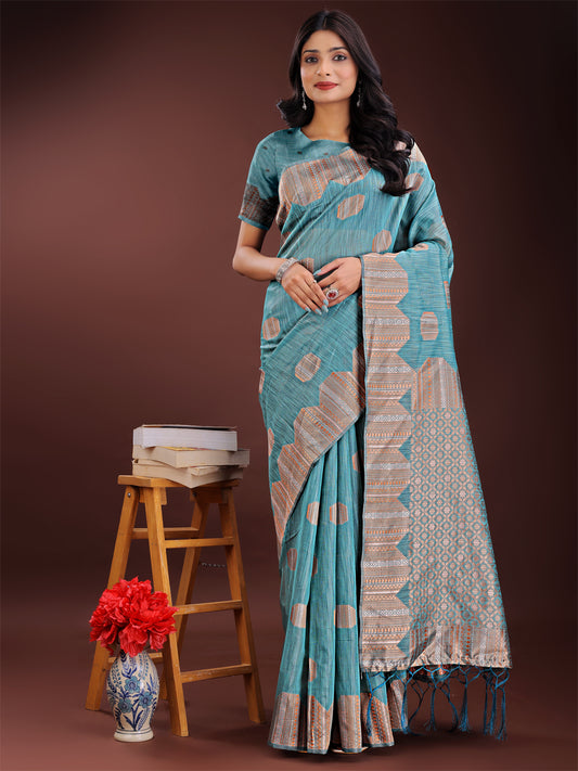 Teal Blue Linen Cotton Saree with Woven Geometric Zari Motifs – Elegant Festive Wear for Women